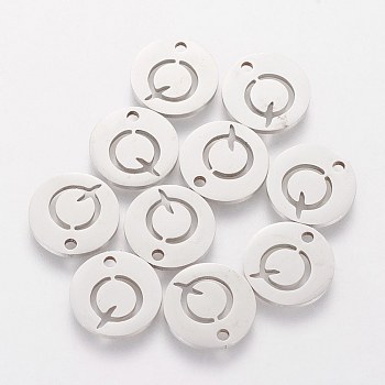 201 Stainless Steel Charms, Flat Round with Letter, Stainless Steel Color, Letter.Q, 12x1mm, Hole: 1.5mm