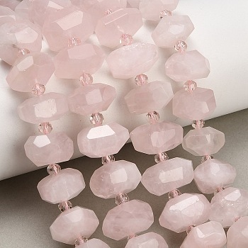 Natural Rose Quartz Beads Strands, Faceted, Nuggets, with Seed Beads, 8~10x14~16x13~15mm, Hole: 1.4mm, about 30~31pcs/strand, 15.35''(39cm)
