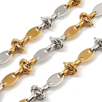 304 Stainless Steel Two Tone Oval with knot Link Chains, Ion Plating(IP), Unwelded, with Spool, Golden & Stainless Steel Color, Link: 11x6x1.4mm and 6.8x0.5mm and 7x5x2mm, about 16.40 Feet(5m)/Roll