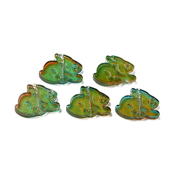Two Tone Transparent Spray Painted Glass Beads, Rabbit, Sea Green, 14.5x19x3.5mm, Hole: 1mm