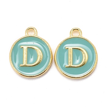 Golden Plated Alloy Enamel Charms, Cadmium Free & Lead Free, Enamelled Sequins, Flat Round with Letter, Turquoise, Letter.D, 14x12x2mm, Hole: 1.5mm