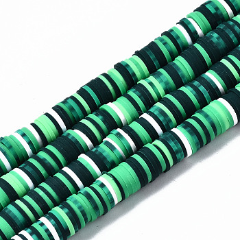 Handmade Polymer Clay Beads Strands, for DIY Jewelry Crafts Supplies, Heishi Beads, Disc/Flat Round, Green, 8x0.5mm, Hole: 2mm, about 320~447pcs/strand, 15.75 inch~16.14 inch(40~41cm)