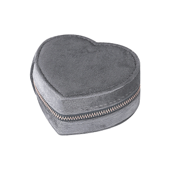 Heart Velvet Jewelry Storage Zipper Boxes, Jewelry Organizer Travel Case, for Necklace, Ring Earring Holder, Gray, 9.5x10.4x4.3cm