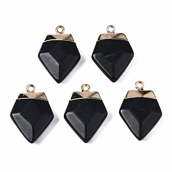 Faceted Glass Pendants, with Rack Plating Brass Findings and Iron Loop, Golden, Twist Teardrop, Black, 25~26x17.5x6.5mm, Hole: 1.8mm