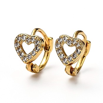 Brass Micro Pave Clear Cubic Zirconia Huggie Hoop Earrings, Ring with Hollow Heart, Real 18K Gold Plated, 10x2.5mm, Pin: 1mm