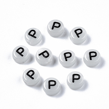 Acrylic Beads, with Enamel and Luminous, Horizontal Hole, Flat Round with Black Letter, Glow in the Dark, Light Grey, Letter.P, 7x3.5mm, Hole: 1.5mm, about 3600~3700pcs/500g
