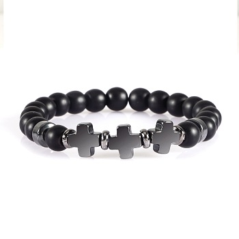 Round Frosted Natural Obsidian Beaded Stretch Bracelets, Cross Synthetic Non-magnetic Hematite Bracelets for Women Men