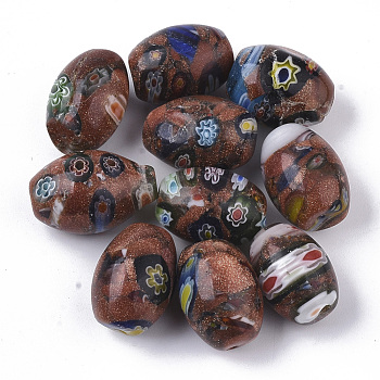 Handmade Gold Sand Lampwork Beads Strands, with Millefiori Glass, Oval, Sienna, 15.5~16.5x11~12mm, Hole: 1.2mm