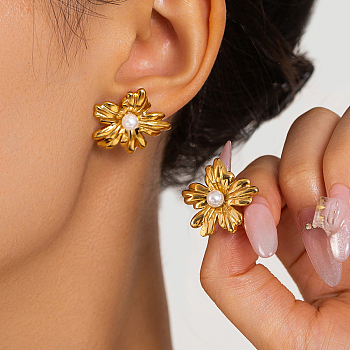 201 Stainless Steel Flower Stud Earrings, with Imitation Pearl, Golden, 22x22mm