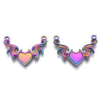 201 Stainless Steel Pendants, Evil Heart with Wing Charm, Rainbow Color, 23.5x30x2.5mm, Hole: 1.8mm