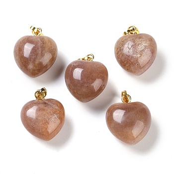 Natural Peach Moonstone Pendants, Heart Charms with Brass Snap on Bails, Golden, 18x15.5x10mm, Hole: 5x3mm