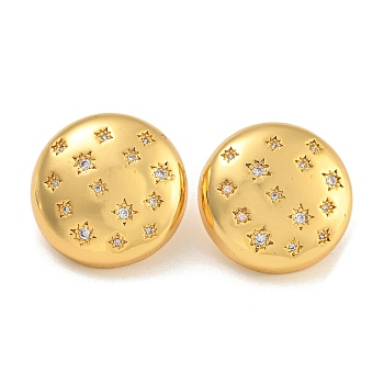 Brass Micro Pave Clear Cubic Zirconia Stud Earrings, Golden, Round, 20mm