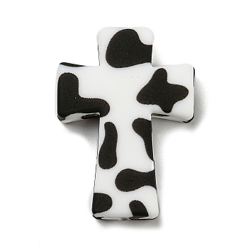 Cross with Cow Silicone Focal Beads, Chewing Beads For Teethers, DIY Nursing Necklaces Making, Black, 35x25x8mm, Hole: 2mm
