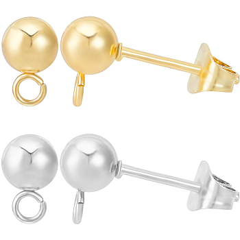 40Pcs 2 Style 202 & 304 Stainless Steel Round Ball Stud Earring Findings, with Loops, 40Pcs 304 Stainless Steel Ear Nuts, Real Gold Plated & Stainless Steel Color, 16~17x7.5~7.8x5mm, Hole: 1.2~1.7mm, Pin: 0.7~0.8mm, 20Pcs/style