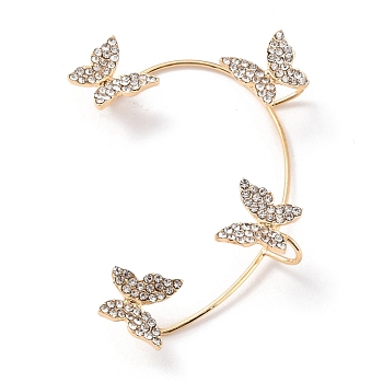 Butterfly Crystal Rhinestone Cuff Earrings for Girl Women Gift, Brass Earrings for Non-Piercing Ear, Golden, 63x41.5x10.5mm