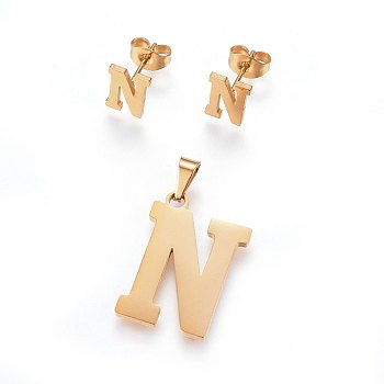 304 Stainless Steel Pendants and Stud Earrings Jewelry Sets, Alphabet, Letter.N, 20~23x13~19x1.5mm, Hole: 6x3mm, 6~10x6~9x1mm, Pin: 0.8mm