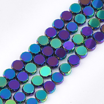 Electroplate Glass Beads Strands, Faceted, Flat Round, Indigo, 10x4.5~5mm, Hole: 1mm, about 58~60pcs/strand, 22.83~23.62 inch(58~60cm)