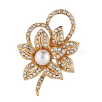 Zinc Alloy Rhinestone Brooches, with Plastic Imitation Pearl, Flower, Golden, 54x39mm(PW-WGD76CB-01)