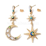 Rhinestone Moon & Star Asymmetrical Earrings, Alloy Long Dangle Stud Earrings for Women, Light Gold, 62~65mm, Pin: 0.8mm(EJEW-WH0004-56)