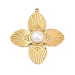 304 Stainless Steel & ABS Plastic Imitation Pearl Pendants, Flower Charms, Ion Plating(IP), Real 18K Gold Plated, 37.5x35x6mm, Hole: 1.6mm(STAS-Z185-04G-02)