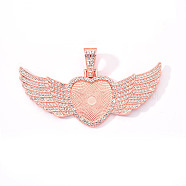 Alloy Pendant Cabochon Settings, with Crystal Rhinestone, Cadmium Free & Lead Free, Heart with Wing, Rose Gold, Tray: 23x25mm, 38.5x88x5mm, Hole: 16x5mm(X-PALLOY-S107-002RG-RS)