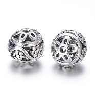 Alloy Beads, Round, Hollow, Antique Silver, 10mm, Hole: 1mm(PALLOY-G131-51AS)