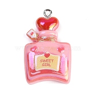 UV Plating Opaque Resin Pendants, with Platinum Iron Loop, Perfume Bottle, Pink, 34.5x21x9.5mm, Hole: 2mm(RESI-R458-04C)