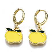 Brass Enamel Huggie Hoop Earrings, Nickel Free, Real 16K Gold Plated, Apple, Yellow, 27x12.5mm, Pin: 1mm(EJEW-T014-21G-02-NF)