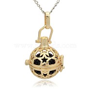 Golden Tone Brass Hollow Round Cage Pendants, with No Hole Spray Painted Brass Round Beads, Black, 35x25x21mm, Hole: 3x8mm(KK-J226-03G)