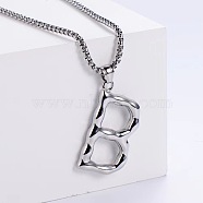 3Pcs Stainless Steel Textured Letter Pendant Box Chain Necklaces, Stainless Steel Color, Letter B(LW4134-28)