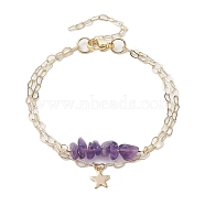 Natural Amethyst Chip Multi-Strand Bracelet Sets, Star Charm 304 Stainless Steel Twisted Chain Stackable Bracelets for Women, 7-1/8 inch(18.2cm)(BJEW-JB10500-02)