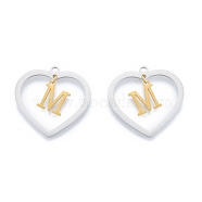 201 Stainless Steel Pendants, Hollow, Heart with Letter A~Z, Real Gold Plated & Stainless Steel Color, Letter.M, 29x29.5x1mm, Hole: 2mm, A~Z: 12x8~10.5x1mm(STAS-N090-LA894-M-P)