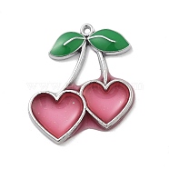 Alloy Enamel Pendants, Heart Cherry Charm, Platinum, Camellia, 32x28x2mm, Hole: 1.6mm(FIND-M078-02A-02)