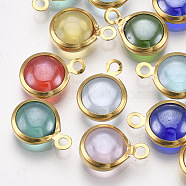 Handmade Lampwork Charms, with 304 Stainless Steel Findings, Flat Round, Golden, Mixed Color, 12x8.5~9x3~3.5mm, Hole: 1.5mm(X-STAS-T045-16B-G)
