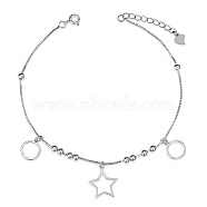 SHEGRACE Rhodium Plated 925 Sterling Silver Charm Anklets, with Box Chains and Round Beads, Ring and Star, Platinum, 7-7/8 inch(20cm)(JA146A)