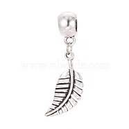 Tibetan Style Alloy European Dangle Charms, Large Hole Beads, Leaf, Antique Silver, 44mm, Hole: 6mm, pendant: 29x11x2mm(MPDL-G029-01AS)