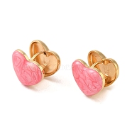 304 Stainless Steel Enamel Hoop Earrings for Women, Heart, Pearl Pink, 14x15.5mm(EJEW-U003-24A)