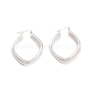Textured Double Rhombus Brass Huggie Hoop Earrings for Women , Real Platinum Plated, 38x34x6mm, Pin: 0.4mm(EJEW-A064-14P-RS)