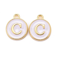 Golden Plated Alloy Charms, Cadmium Free & Lead Free, with Enamel, Enamelled Sequins, Flat Round with Letter, White, Letter.C, 14x12x2mm, Hole: 1.5mm(X-ENAM-S118-01C)