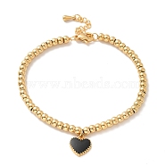 Vacuum Plating 304 Stainless Steel Heart Charm Bracelet with Enamel, 201 Stainless Steel Round Beads Bracelet for Women, Golden, 8-3/8 inch(21.4cm)(BJEW-B057-08G)