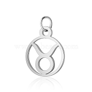 304 Stainless Steel Charms, with Jump Rings, Polished, Flat Round with Constellation, Taurus, 13x11x1mm, Hole: 2.5mm(STAS-T036-T513-A2)