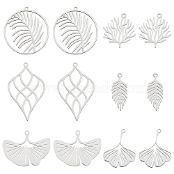 CHGCRAFT 12Pcs 6 Style 201 Stainless Steel Pendants, Laser Cut, Manual Polishing, Leaf & Coral Shape, Stainless Steel Color, 23~40x10~30.5x1mm, Hole: 1.4~1.8mm, 2pcs/style(STAS-CA0001-36)