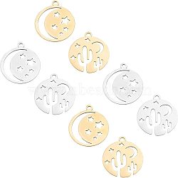 Unicraftale 201 Stainless Steel Laser Cut Pendants, Star with Moon & Flat Round with Cactus, Golden & Stainless Steel Color, 20.5x18x1mm, Hole: 1.4mm, 16pcs/box(STAS-UN0013-49)