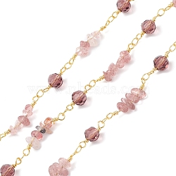 Brass Link Chains, with Glass & Strawberry Quartz Beads & Spool, Unwelded, Golden, 6x5mm(CHS-P016-02G)