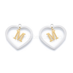 201 Stainless Steel Pendants, Hollow, Heart with Letter A~Z, Real Gold Plated & Stainless Steel Color, Letter.M, 29x29.5x1mm, Hole: 2mm, A~Z: 12x8~10.5x1mm(STAS-N090-LA894-M-P)