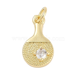 Brass Micro Pave Cubic Zirconia Pendants, Table Tennis Bats Charms, Lead Free & Cadmium Free, Long-Lasting Plated, Rack Plating, with Jump Ring, Real 18K Gold Plated, 15.5x8.5x3mm, Hole: 3mm(KK-Q028-62G)