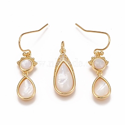 Brass Micro Pave Cubic Zirconia Jewelry Sets, Pendants and Dangle Stud Earrings, with Natural White Shell, Teardop, Golden, Pendant: 24x10x4.5mm; Hole: 3.5mm; Earrings: 32mm, Pin: 0.6mm(SJEW-F216-03B-G)