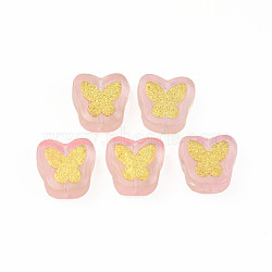 Transparent Spray Painted Handmade Lampwork Beads, with Golden Plated Brass Findings, Butterfly, Pearl Pink, 11x11x4mm, Hole: 1mm(LAMP-Q032-03A)