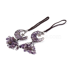 Natural Amethyst Moon with Chips Tassel Pendant Decorations, with Rack Plating Red Copper Plated Brass Findings, Cadmium Free & Lead Free, 205~208mm(G-L524-07R-B05)