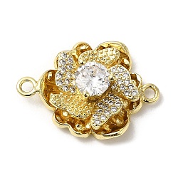 Rack Plating Brass Pave Clear Cubic Zirconia Flower Links Connector Charms, Cadmium Free & Lead Free, Long-Lasting Plated, Golden, 24.5x17.5x8mm, Hole: 1.8mm(KK-M267-03G)